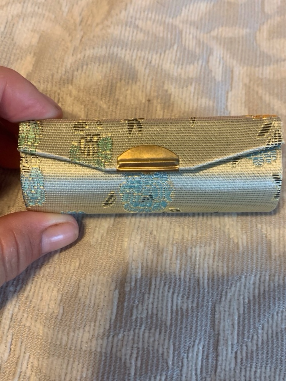 Gold Floral Lipstick Case with Blue Accent